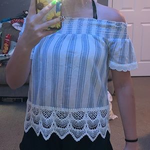 Blue and white lace top off the shoulder